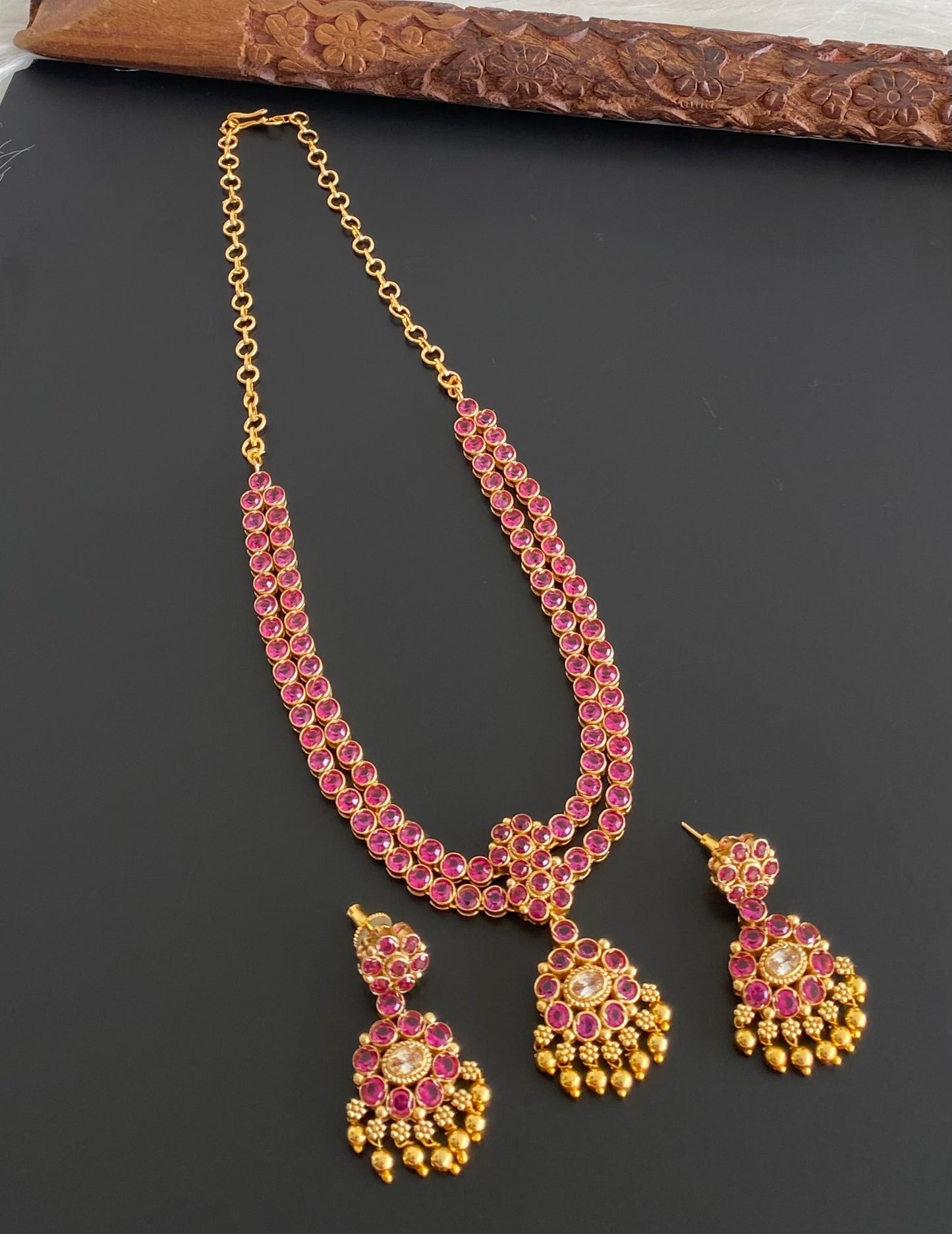 Matte finish pink-white double layer attigai/necklace set dj-54167