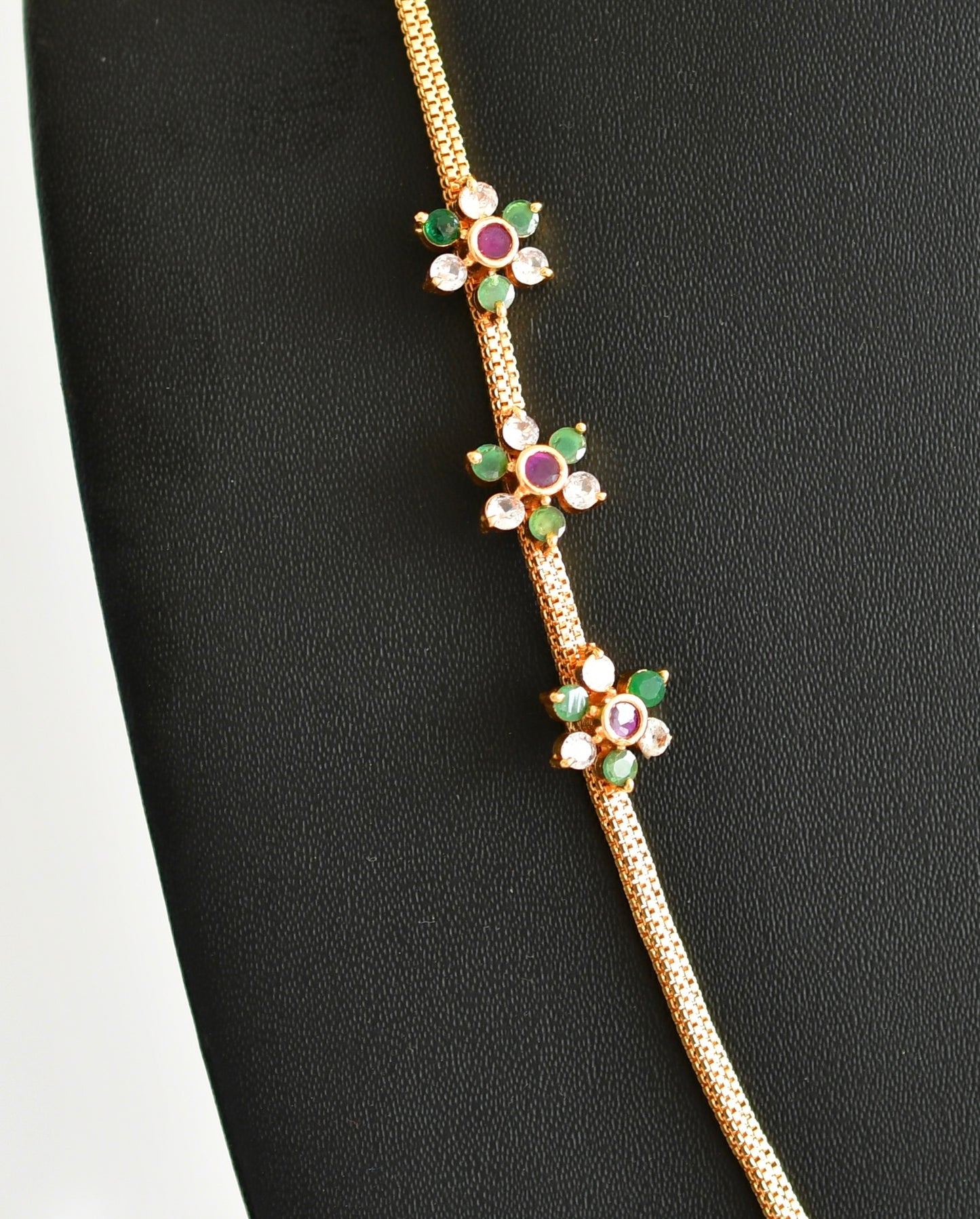 Gold tone AD pink-green-white stone flower mugappu chain dj-51897