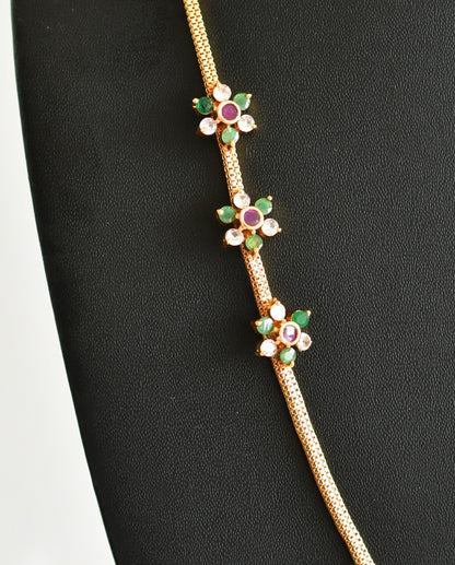 Gold tone AD pink-green-white stone flower mugappu chain dj-51897