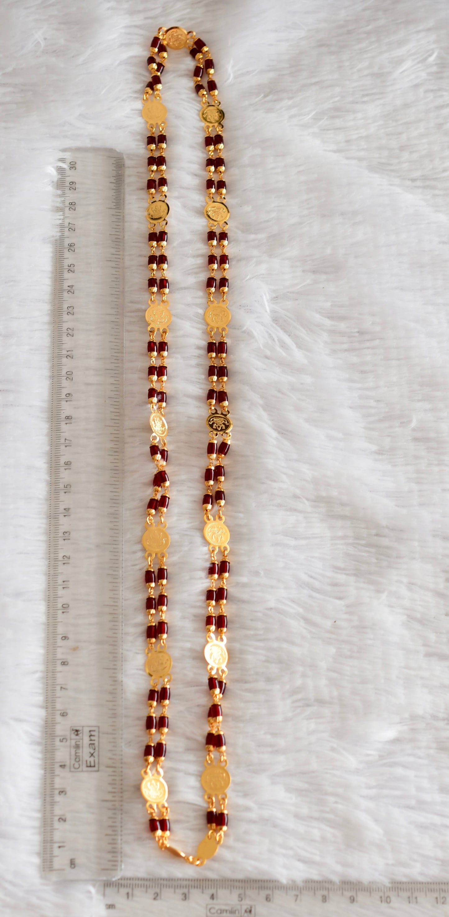 Gold tone 30 inches maroon beaded Lakshmi coin chain dj-51837
