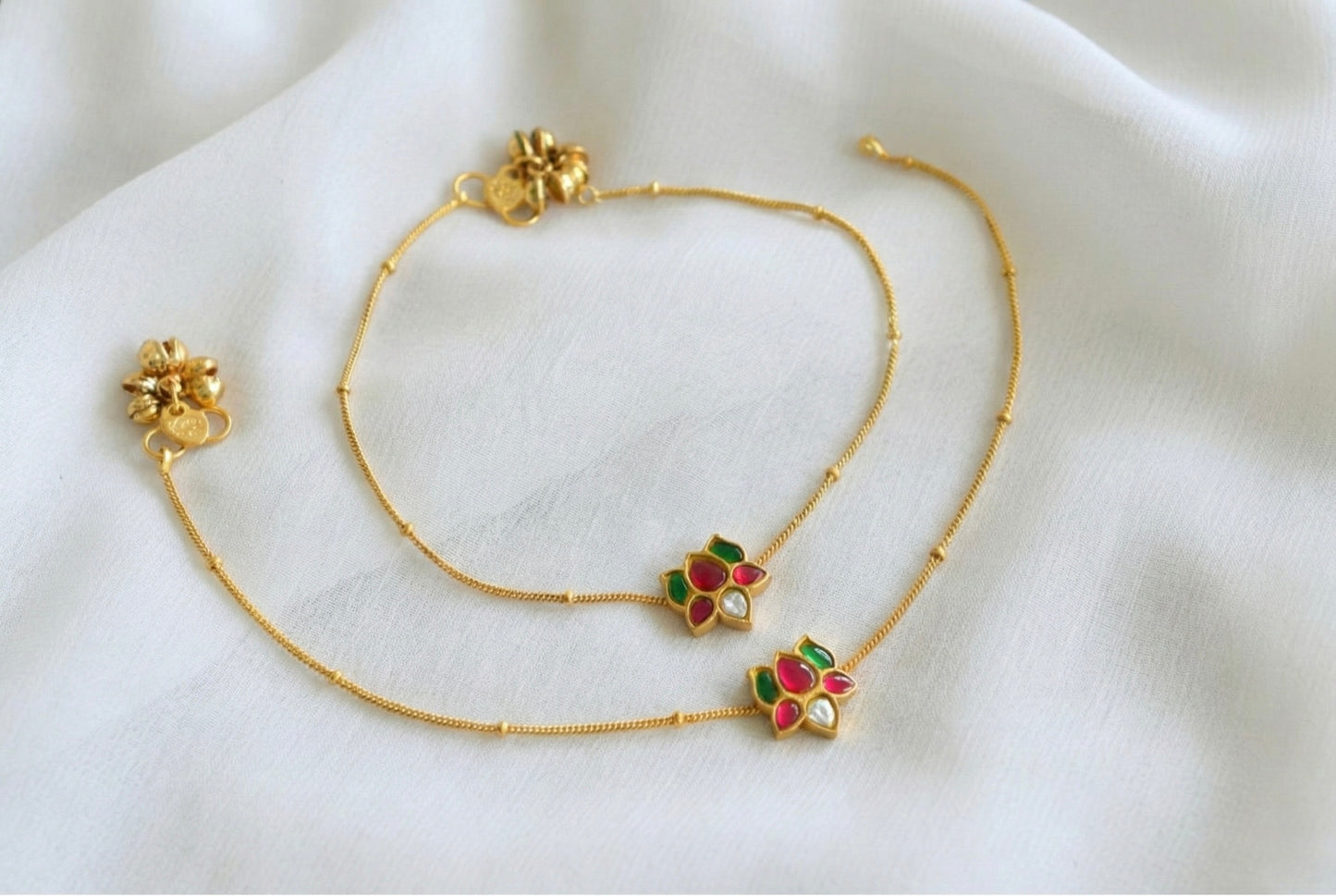 Gold tone pink-green-white lotus kundan jadau anklets dj-42967
