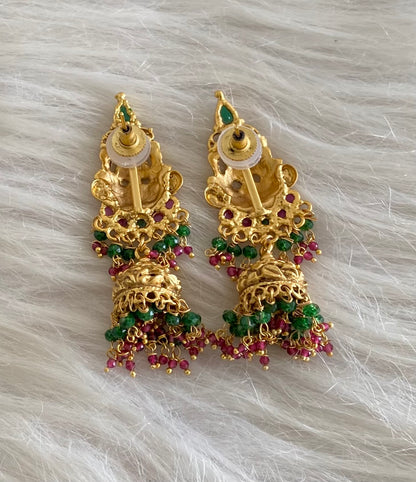 Antique gold tone ruby-green beaded lakshmi jhumkka dj-54788