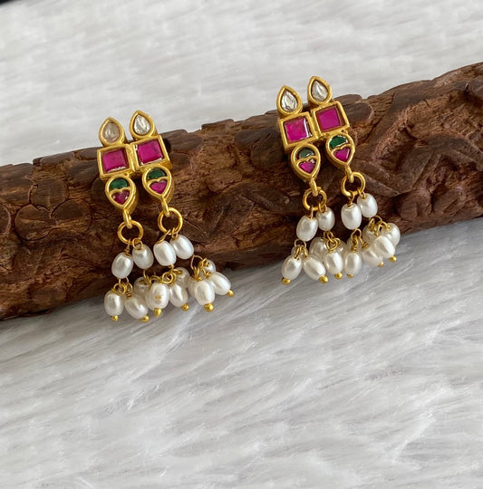 Gold tone pink-green-white stone pearl kundan jadau earrings dj-53559