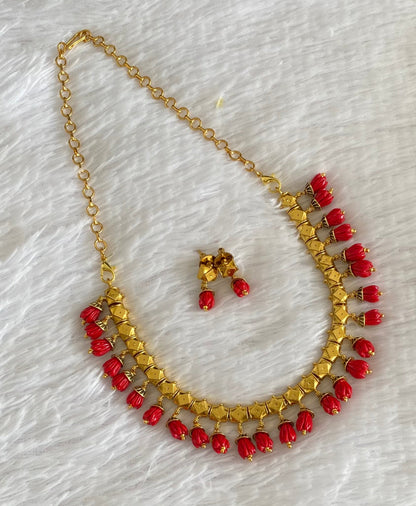 Antique gold tone red tulip beaded necklace set dj-54190