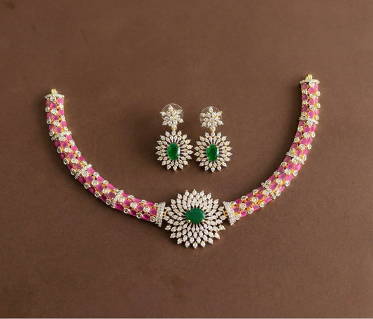 Two tone cz ruby-green flower necklace set dj-47745