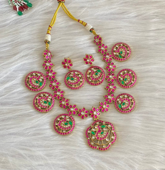 Antique gold tone swan flower kundan jadau necklace set dj-54163