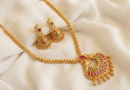 Gold tone ruby-green peacock necklace/chain set DJ29128