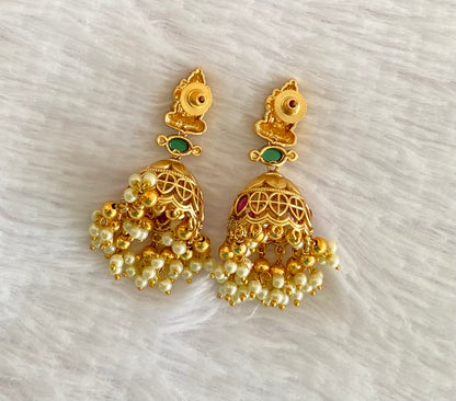 Antique gold tone kemp-green-white pearl lakshmi jhumkka dj-53567