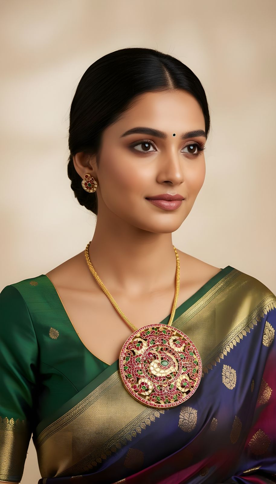 Matte finish pink-green-white kundan jadau huge round peacock necklace dj-52357