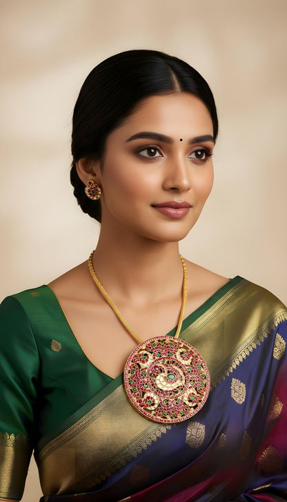 Matte finish pink-green-white kundan jadau huge round peacock necklace dj-52357