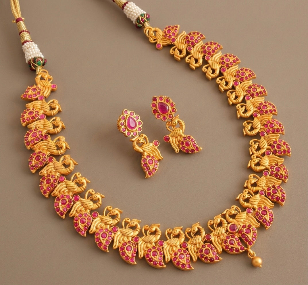 Matte Finish Ruby Peacock Necklace Set-dj07227
