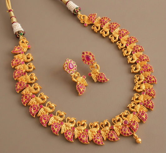 Matte Finish Ruby Peacock Necklace Set-dj07227