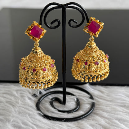 Gold tone ruby lakshmi coin jhumkka dj-51103