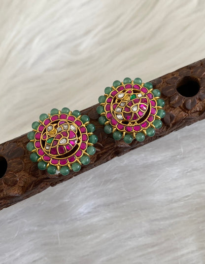 Gold tone pink-white kundan jadau green bead peacock round stud/earrings dj-55082