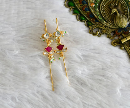 Gold tone pink-green-white kundan jadau flower bugadi needle earrings dj-52455