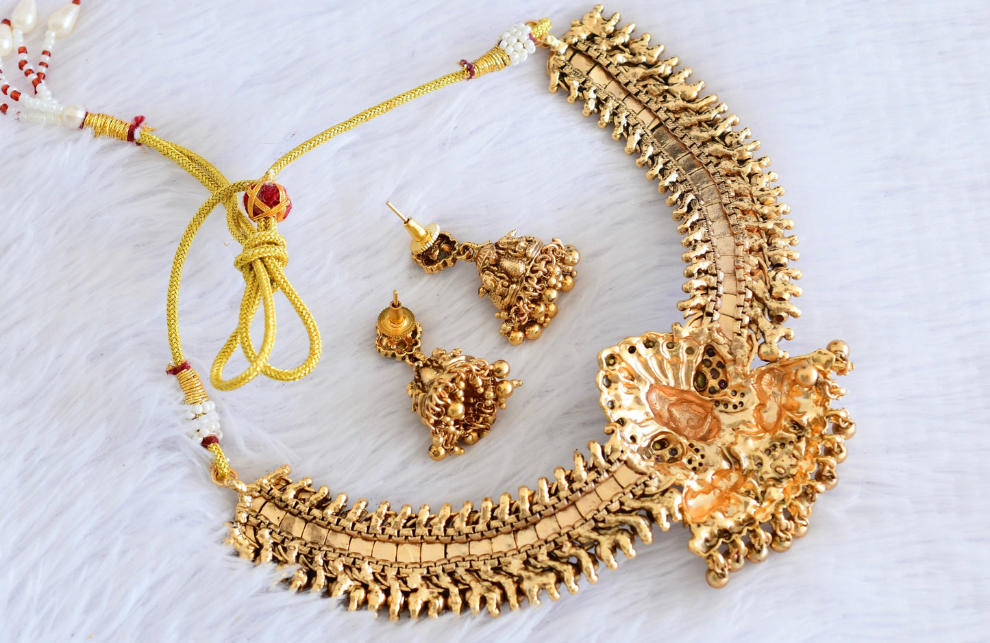 Antique gold tone pink-green-white elephant necklace set dj-53011