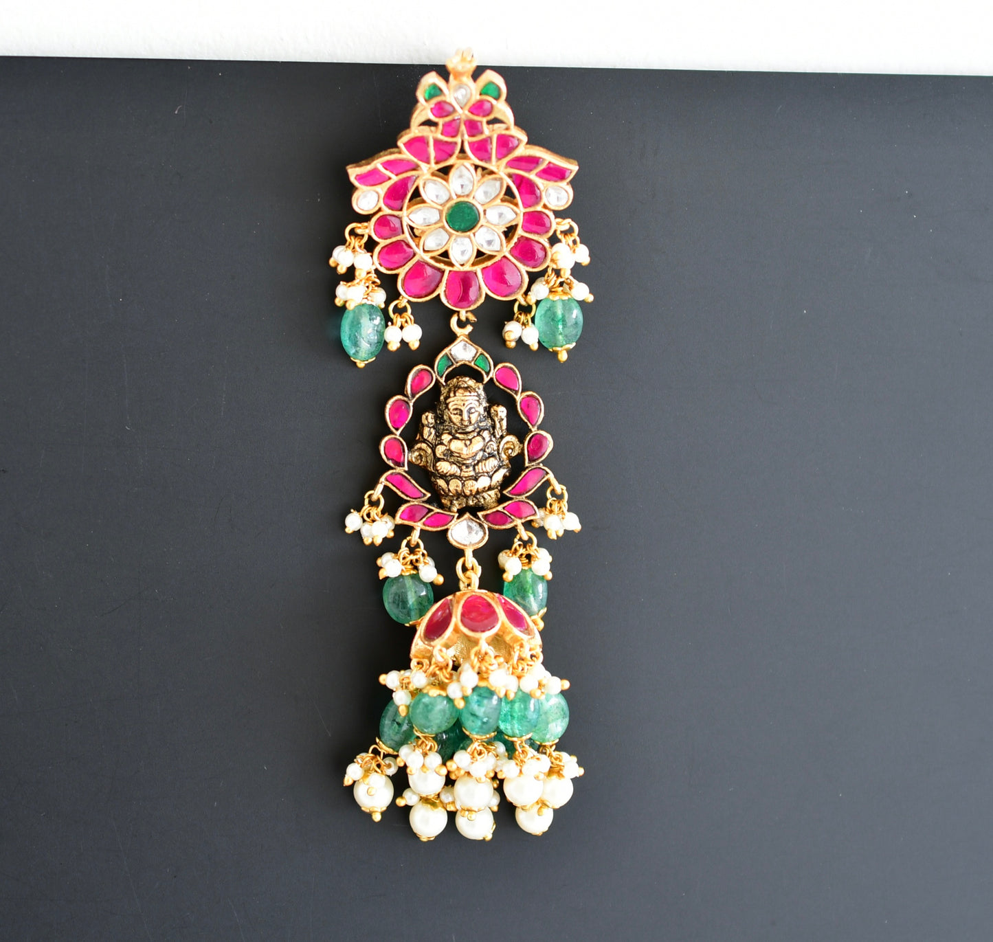 Gold tone pink-green kundan jadau Lakshmi hair jewel dj-52379