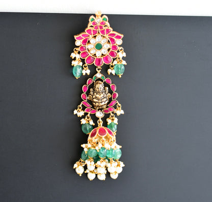 Gold tone pink-green kundan jadau Lakshmi hair jewel dj-52379