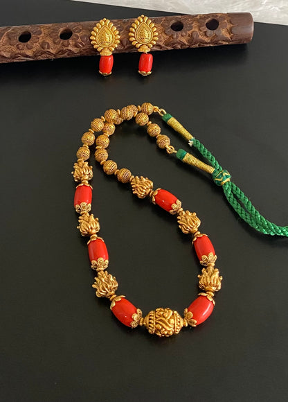 Antique gold tone coral nakshi beaded necklace set dj-54950