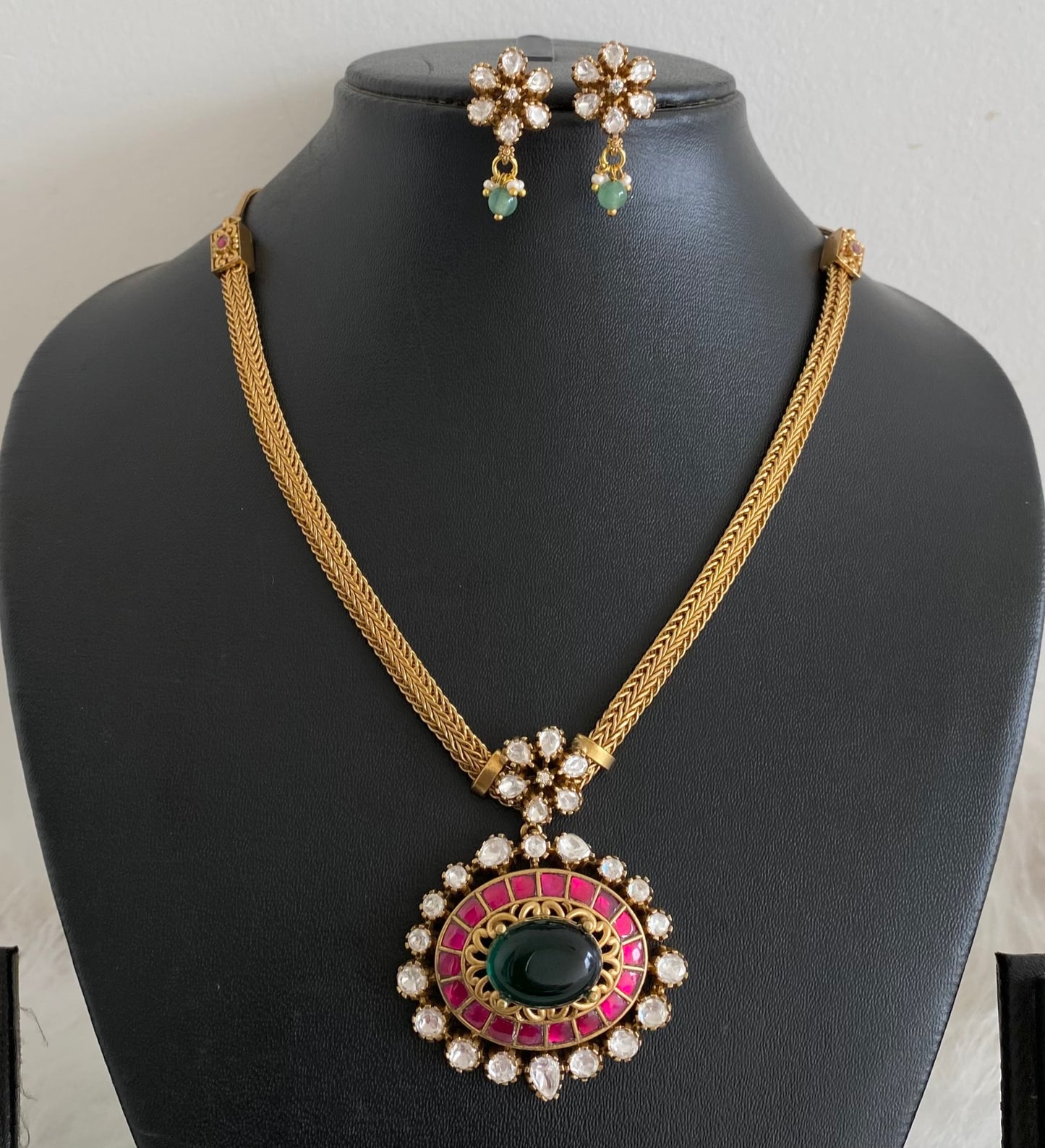 Antique gold tone pink-green-white kundan jadau necklace set dj-54435
