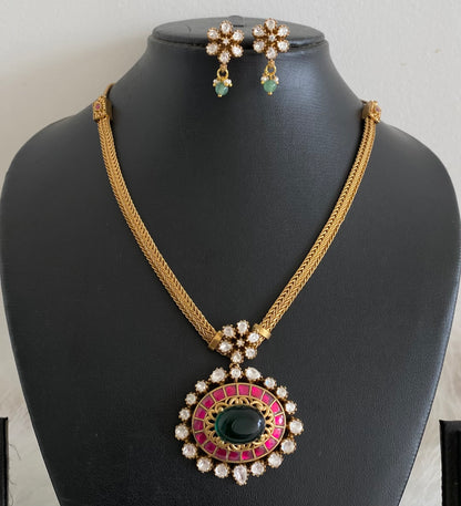 Antique gold tone pink-green-white kundan jadau necklace set dj-54435