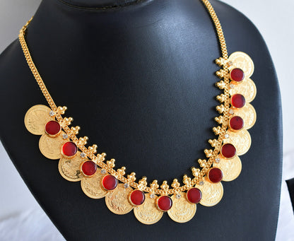 Gold tone kerala style red-white round lakshmi coin necklace dj-53079