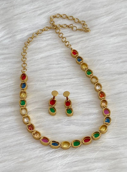 Antique gold tone navarathna oval stone necklace set dj-54080