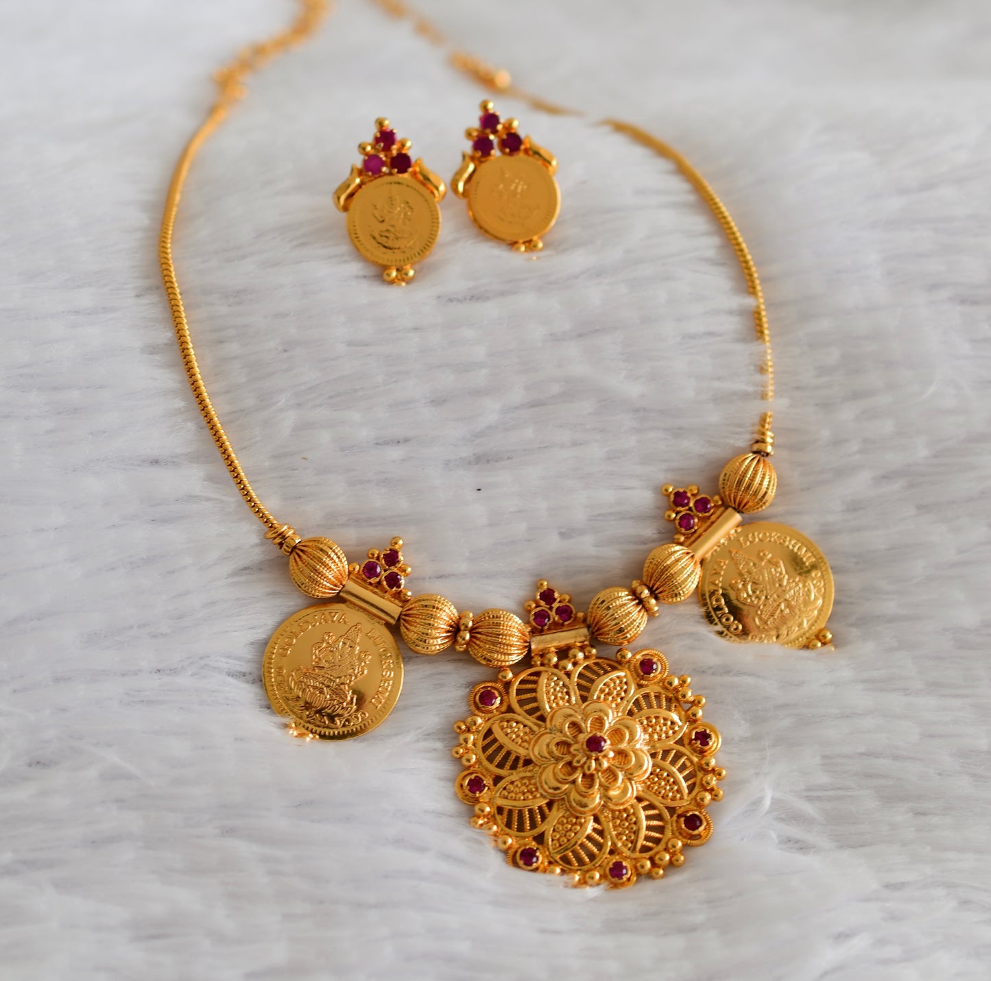 Gold tone kerala style ruby lakshmi coin flower necklace set dj-52683