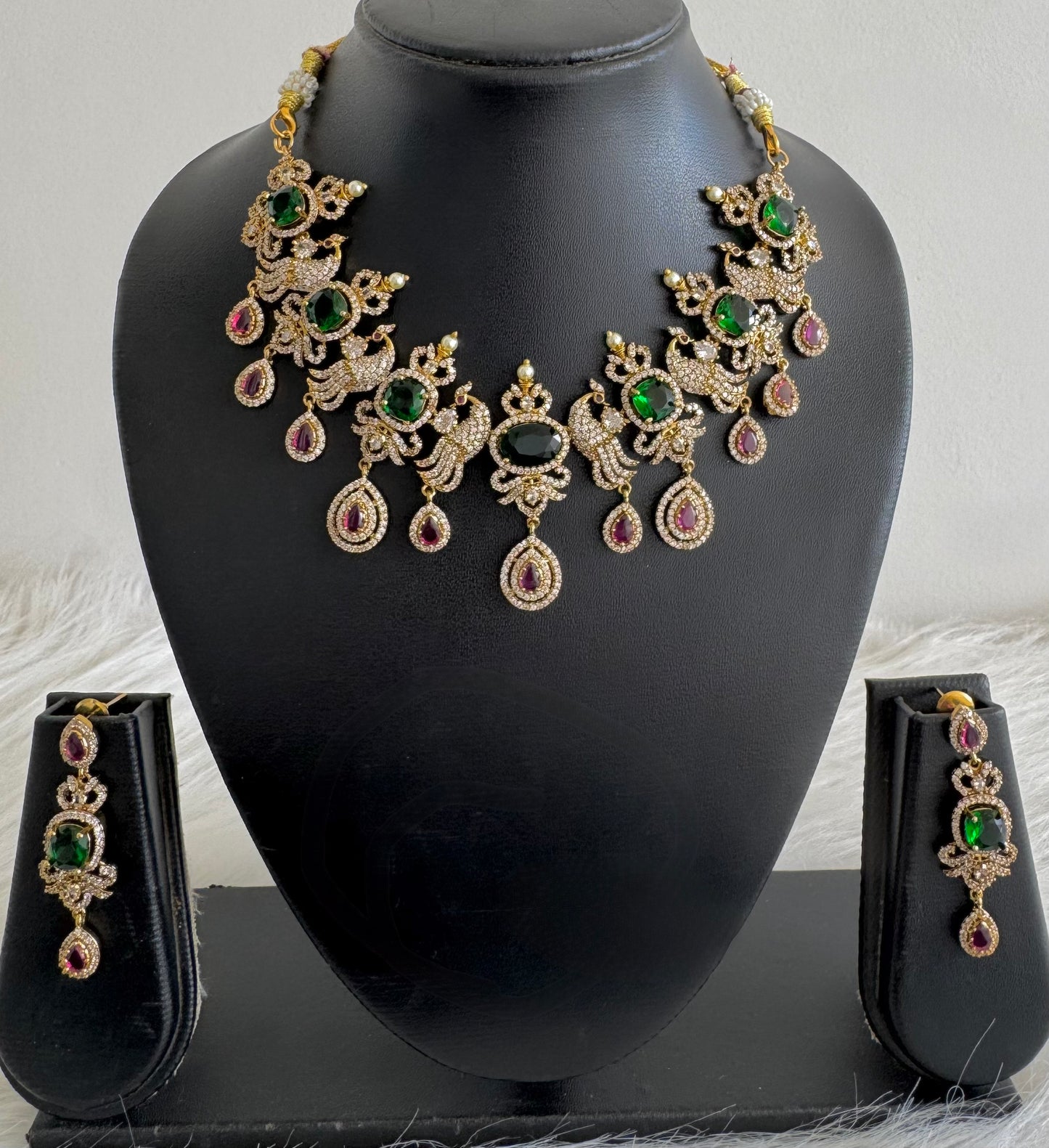 Antique gold tone cz bottle green-pink peacock necklace set dj-51201