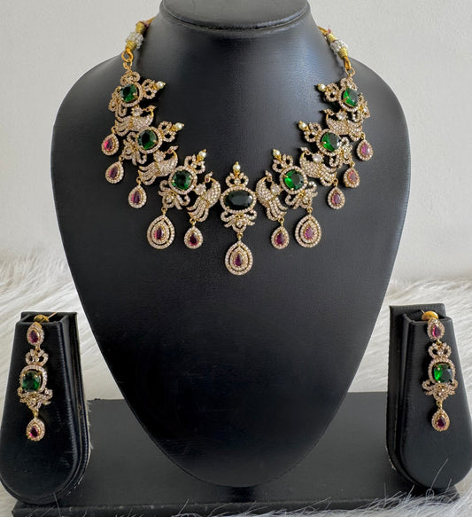 Antique gold tone cz bottle green-pink peacock necklace set dj-51201
