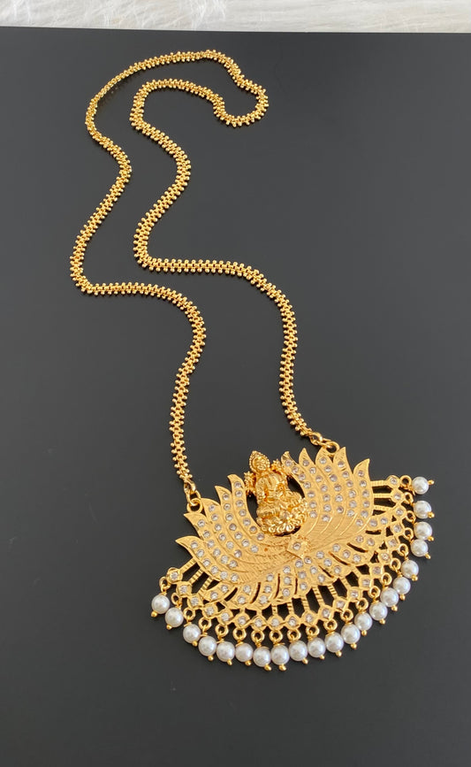 Gold tone white stone pearl lakshmi lotus chain with pendant dj-54114