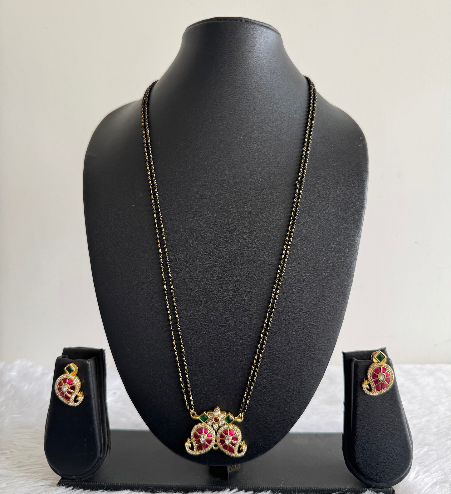 Matte finish pink-green-white kundan jadau mango 24 inches mangalsutra set dj-52235