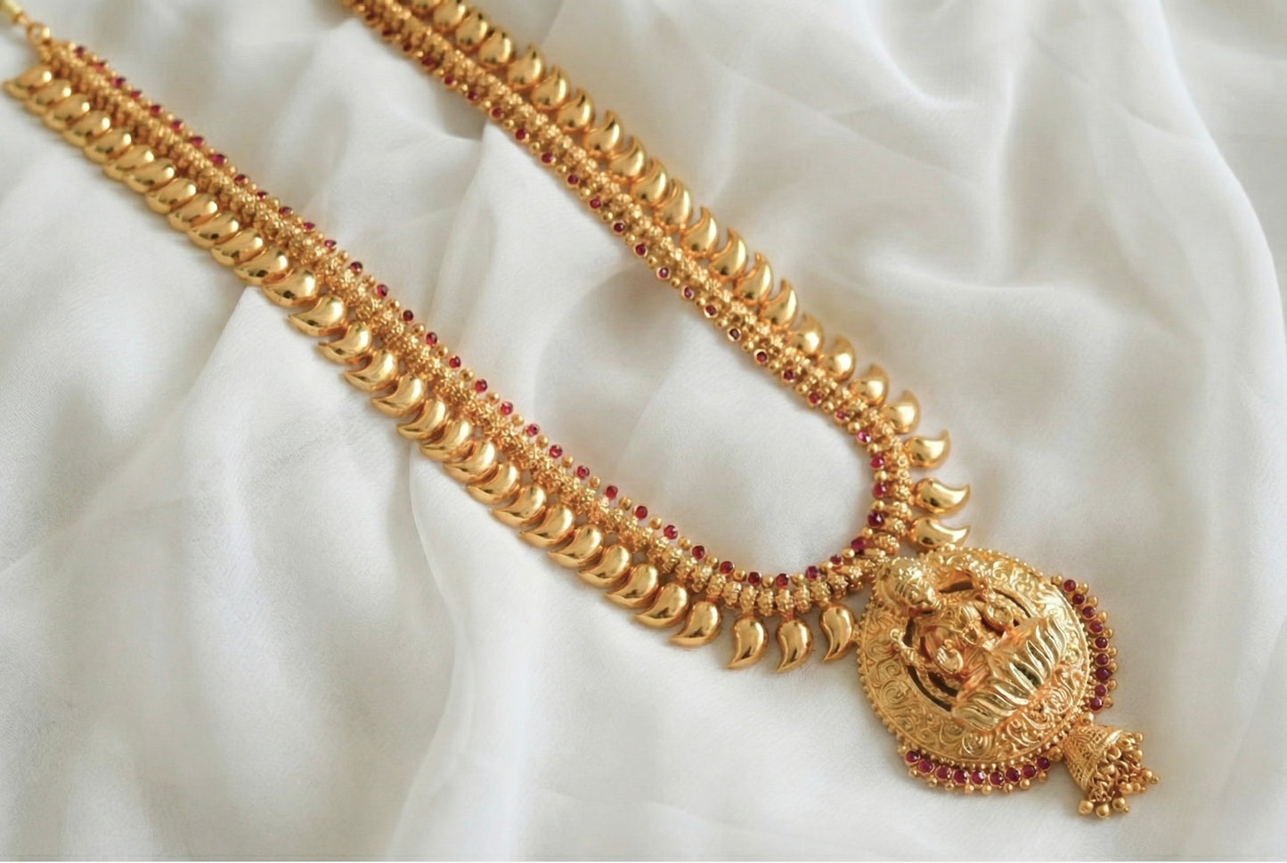 Gold look alike kerala style AD pink lakshmi mango haar dj-51954