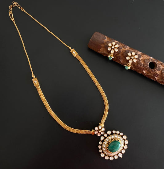 Antique gold tone white-green kundan jadau necklace set dj-54434