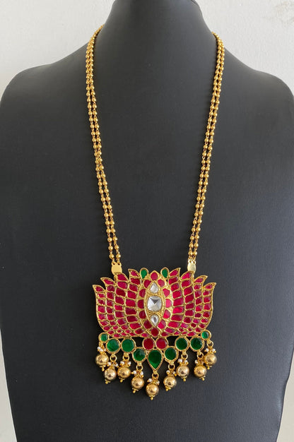Gold tone pink-green kundan jadau lotus pendant necklace dj-54607
