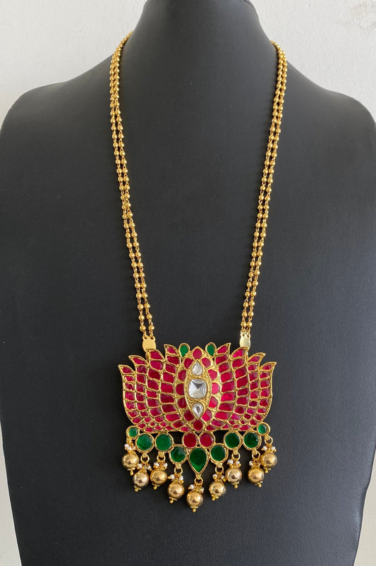 Gold tone pink-green kundan jadau lotus pendant necklace dj-54607