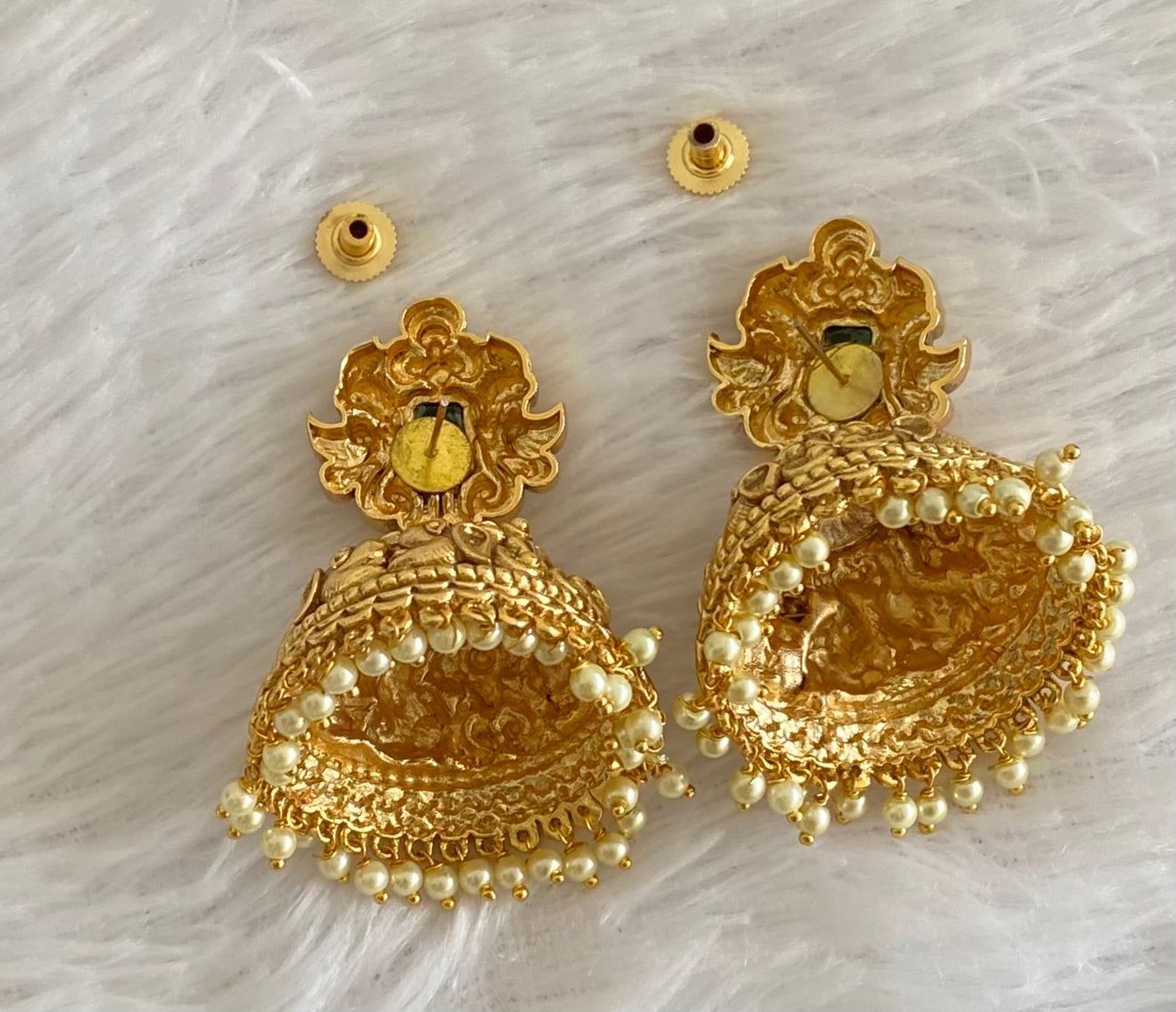 Antique gold tone green nakshi huge elephant pearl jhumkka dj-54039