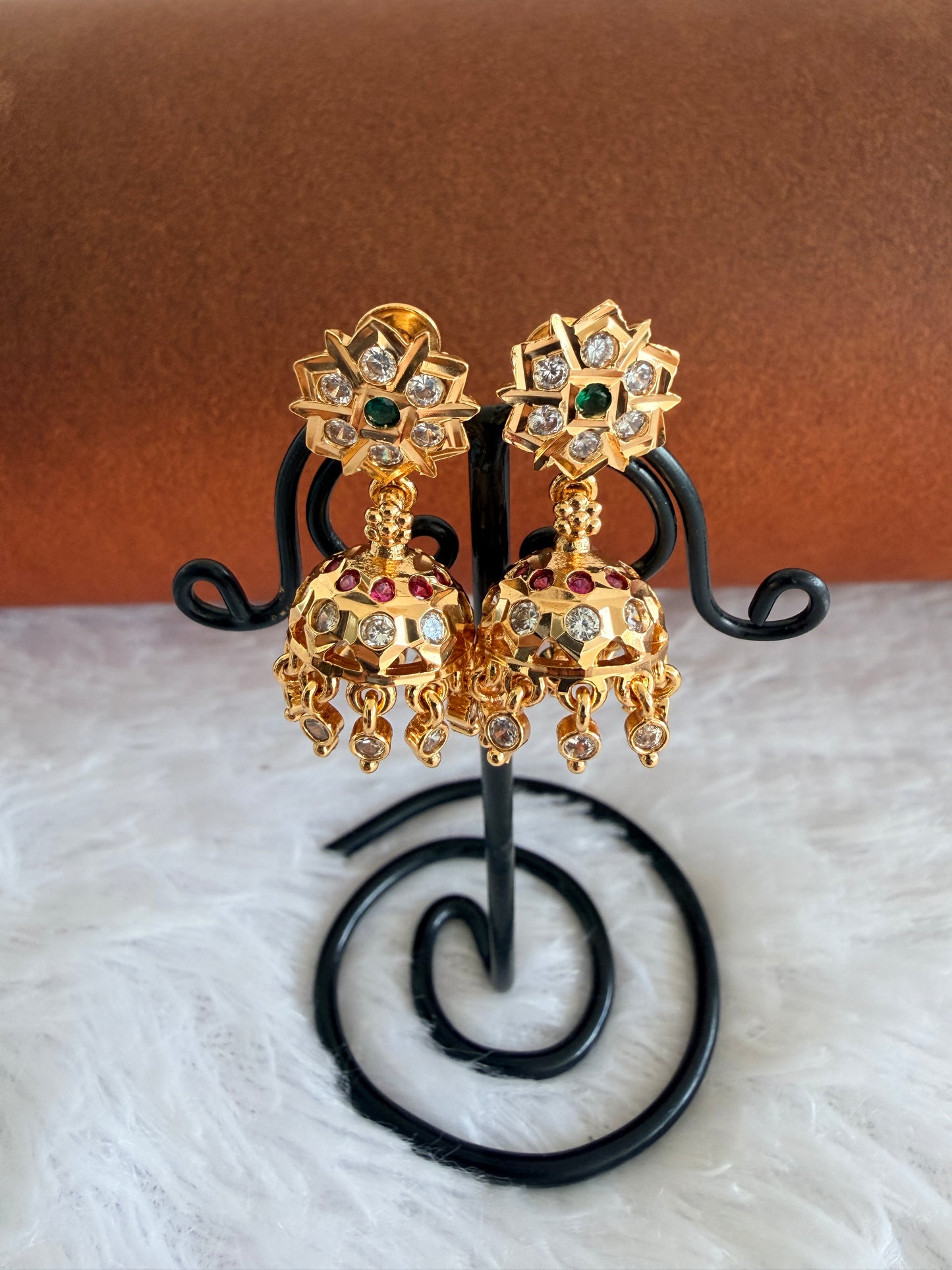 Gold tone AD pink-green-white south Indian flower jhumkka dj-53269