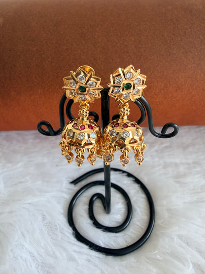 Gold tone AD pink-green-white south Indian flower jhumkka dj-53269