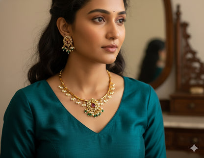 Matte finish cz ruby-green-white rice pearl peacock hasli necklace set dj-45250