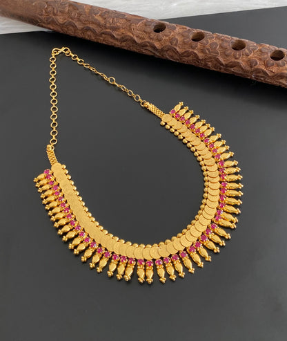 Gold tone kerala style pink stone lakshmi coin necklace dj-54135