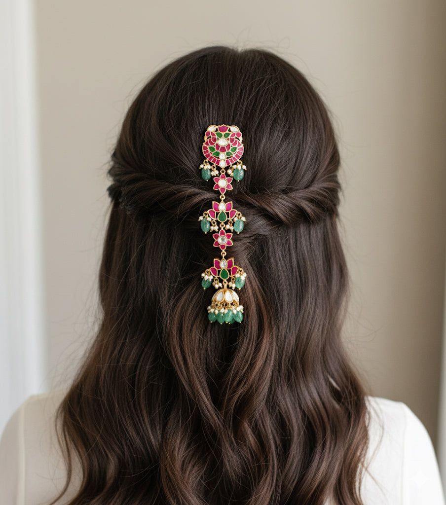 Gold tone pink-green kundan jadau lotus hair jewel dj-52380