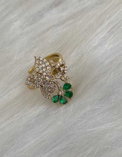 Antique gold tone cz white-green stone flower adjustable finger ring dj-55051