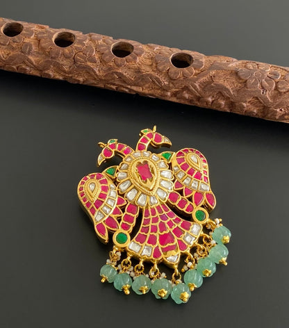 Gold tone pink-green-white kundan jadau Gandaberunda reversible pendant dj-53551