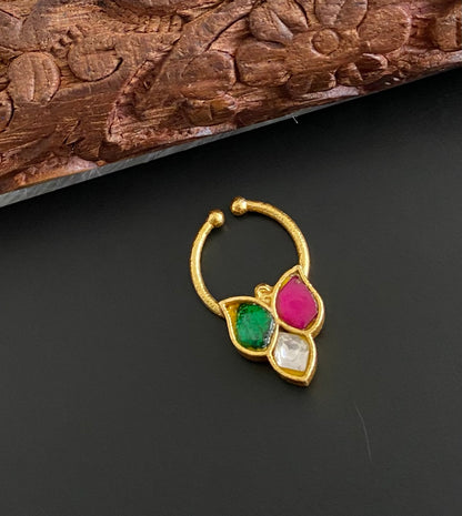 Gold tone kundan jadau pink-green-white stone nose pin/bulakku dj-53742
