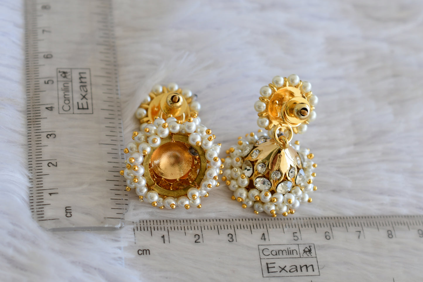 Gold tone AD white pearl small jhumkka dj-52518
