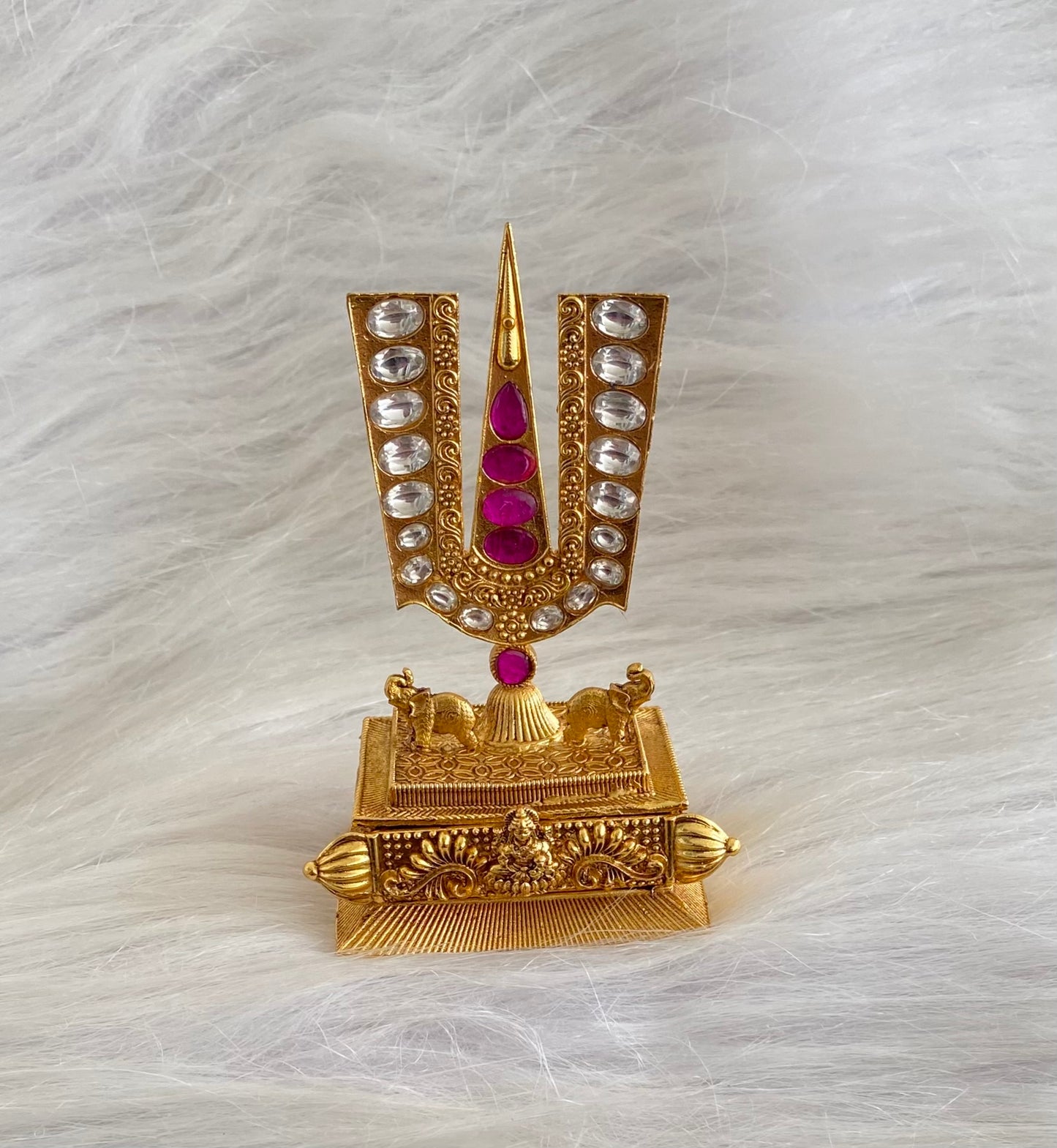 Gold tone pink-white kundan jadau lakshmi thirumal nama kumkum box dj-54225
