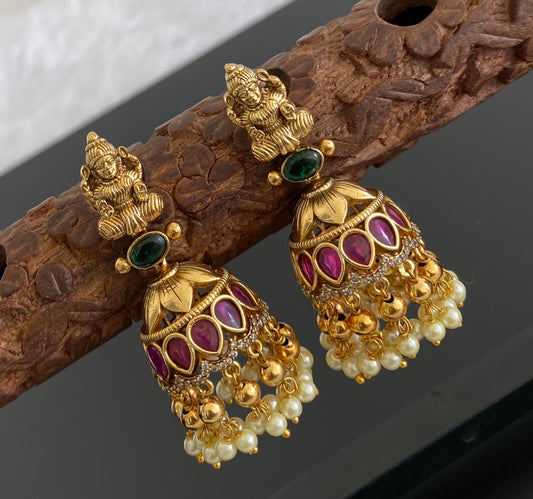 Antique gold tone kemp-green-white pearl lakshmi jhumkka dj-53592