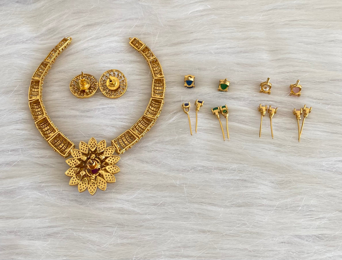 Antique gold tone cz white colour changeable flower necklace set dj-54752