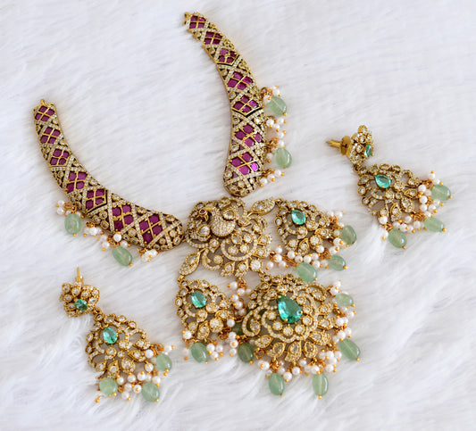 Antique gold tone cz pink-sea green peacock necklace set dj-53022